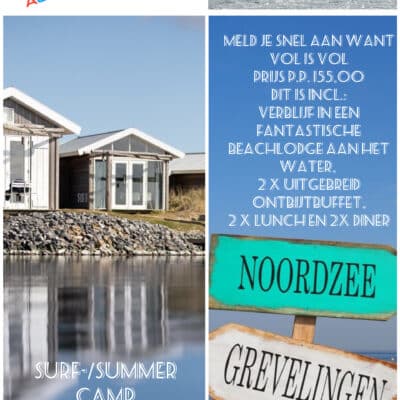 Een poster met de informatie van Surfkamp 2023.